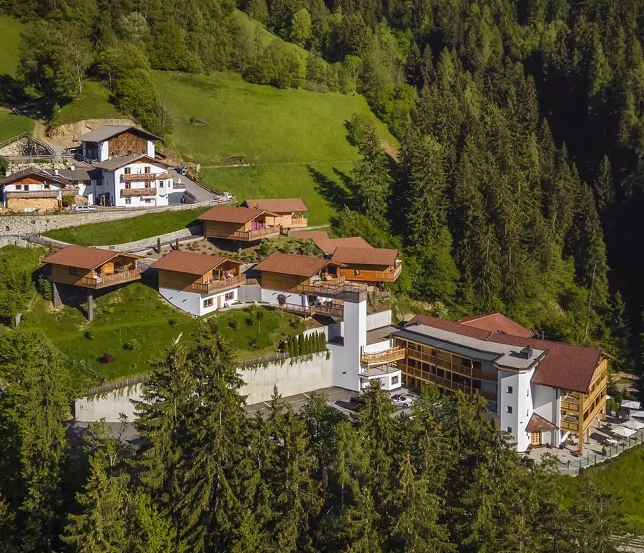 Luftbild des Mountain Village Hasenegg mit Chalets über dem Waldhang
